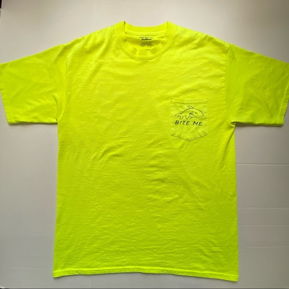 Gildan Dry Blend Neon Yellow Bite Me Shark On Pocket Men Size Large - Picture 3 of 7